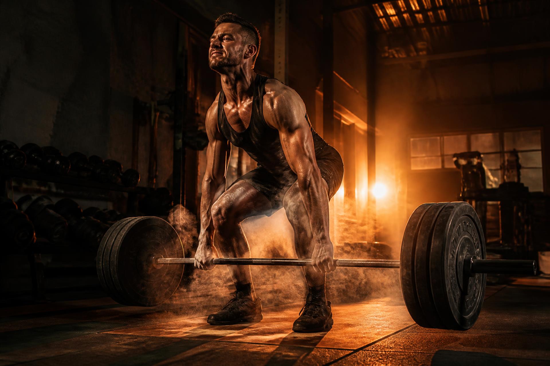 Athlete performing a deadlift under dramatic orange light
